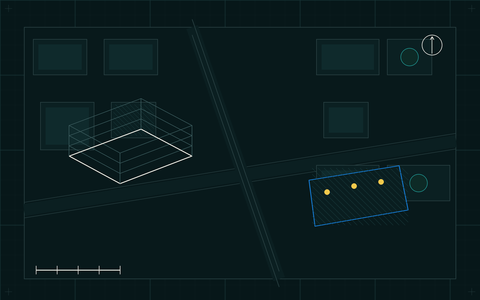 Plan drawing with street grid, parcels, plaza and a stacked massing envelope