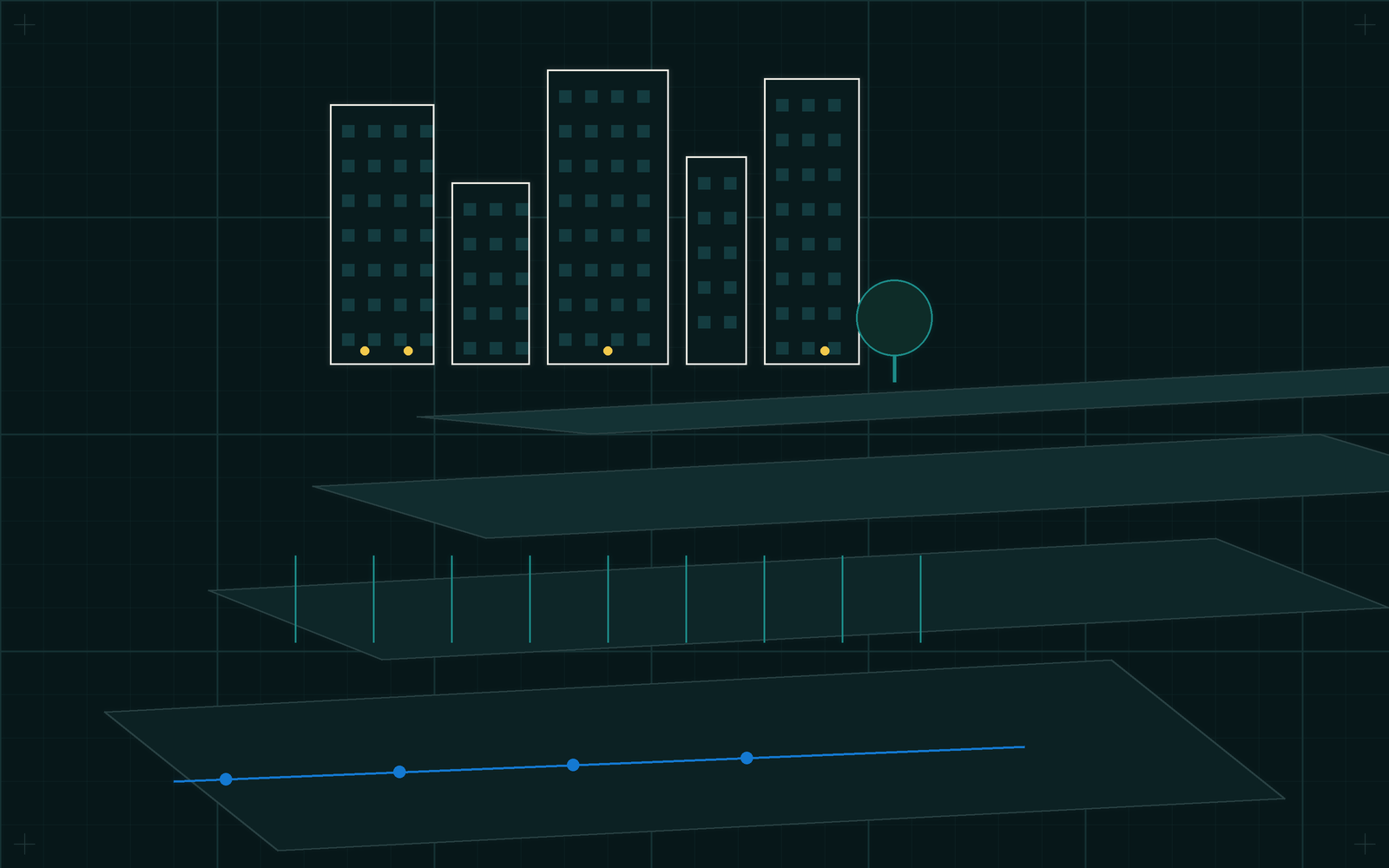 Stacked isometric layers of transit, utilities and structure beneath a city block